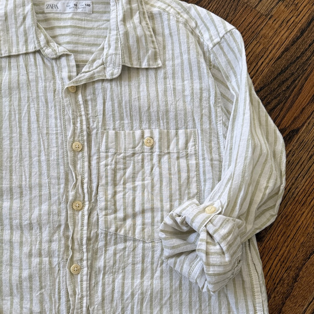 Zara Boys Cream and Light Green Striped Button-Down Shirt - Picture 3 of 4